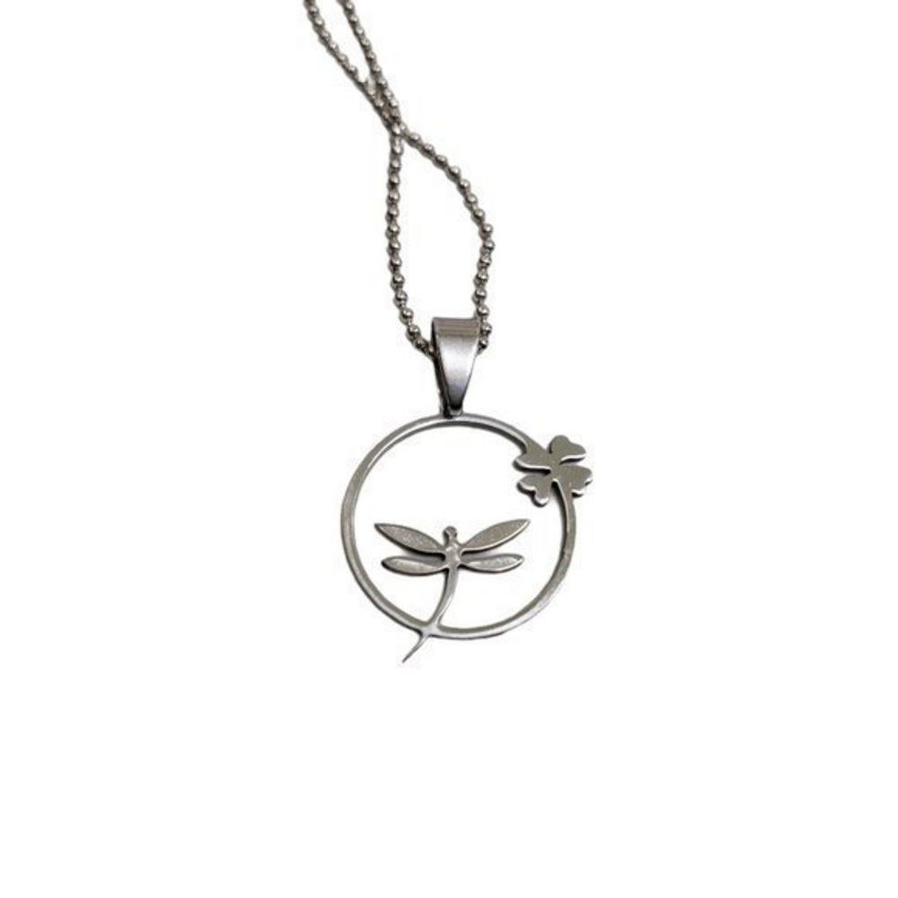 Dragonfly Necklace Silver Tone‎ Clover Floral Circl